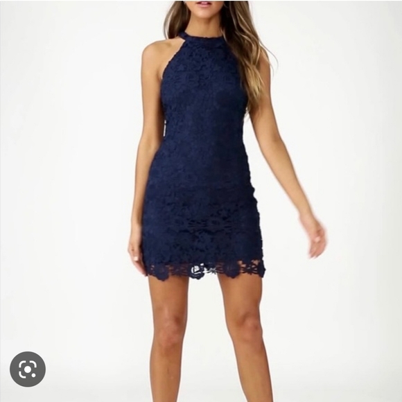 LULU’S LOVE POEM NAVY BLUE LACE MINI DRESS Small - Picture 2 of 16